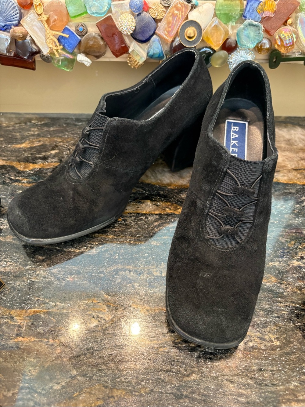 Vintage Bakers Black Suede Chunky Heels Shoes Toggle Lace Block Heel 10